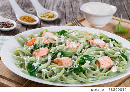 Salmon and Spinach Fettuccine pasta on white dish 28890052