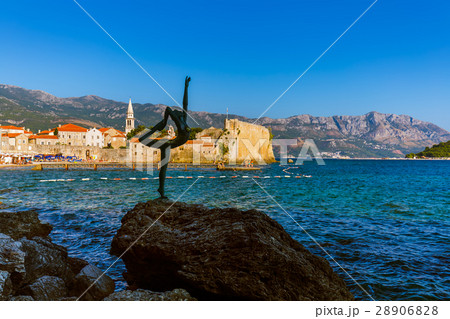Dancer statue and Old Town in Budva Montenegro 28906828