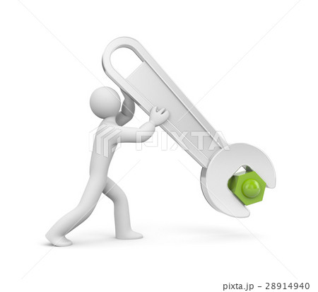 3d man with metal spanner twist or untwist the nut 28914940
