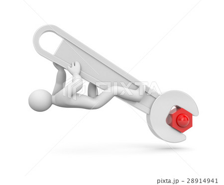 3d man with metal spanner twist or untwist the nut 28914941
