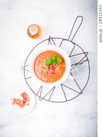 Bowl of Fresh tomato soup Gazpacho . 28915347