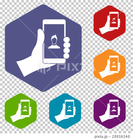 Hand holding smartphone with photo icons set 28916148