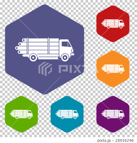 Log truck with the pile of logs icons set 28916246