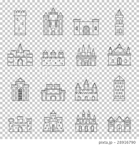 Towers and castles icons set, outline style - Stock Illustration ...