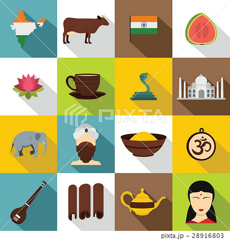 India travel icons set, flat style 28916803