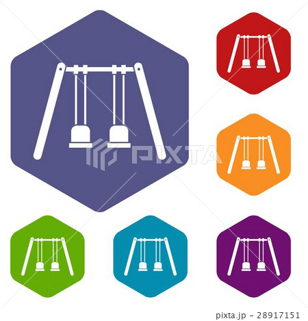 Wooden swings hanging on ropes icons set 28917151