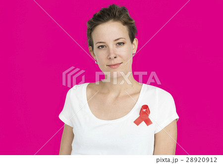 Woman Smiling Happiness Red Ribbon Charity Donation Woman Smiling Happiness Red Ribbon Charity Donation 28920912