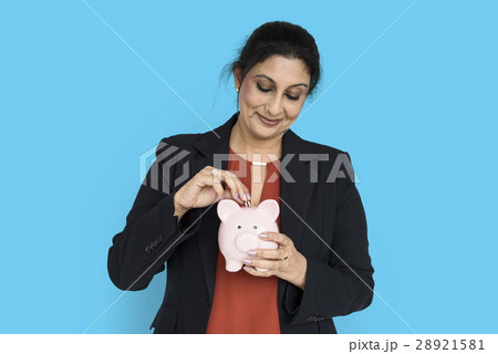 Woman Smiling Happiness Piggy Bank Concept Woman Smiling Happiness Piggy Bank Concept 28921581