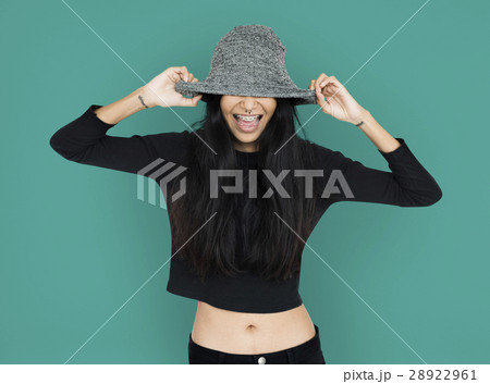 Young Women Hands On Hat Silly 28922961
