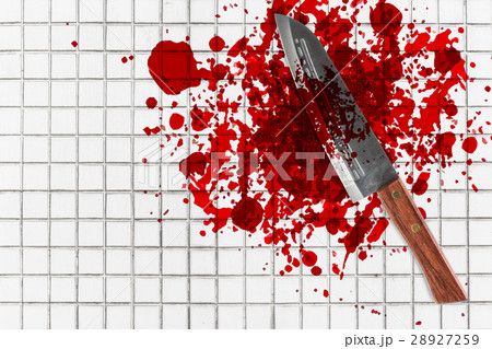knife with grunge of blood on toilet mosaic floor. 28927259