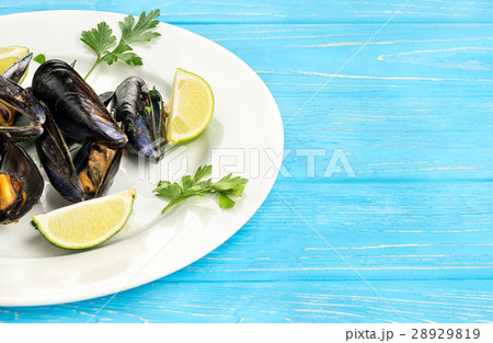 Prepared mussels in a plate 28929819