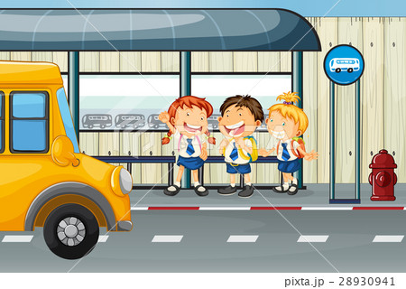 Three Students Waiting For Bus At Bus Stopのイラスト素材