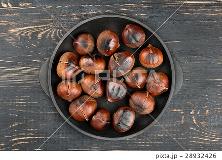 Roasted Chestnuts Served in a Chestnut Pan Isolated on White Background.  View from Above Stock Photo - Image of abstract, pile: 199468426