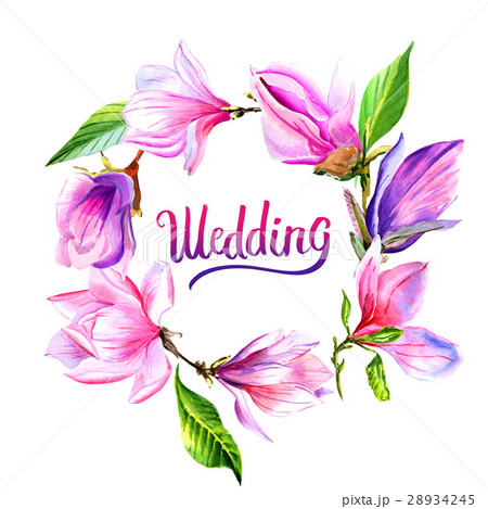 Wildflower magnolia flower wreath in a watercolor 28934245