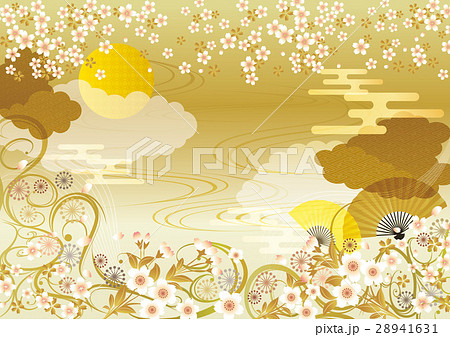 桜と月の和柄 金色 のイラスト素材