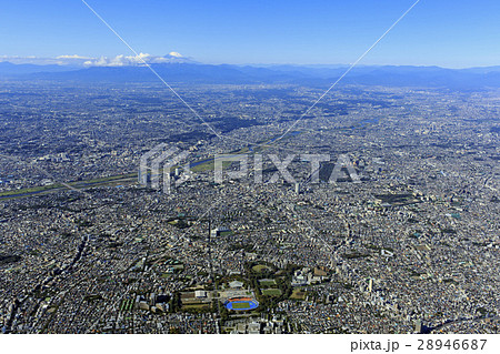 世田谷周辺広域と富士山 駒沢公園上空の写真素材