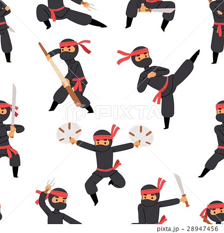 Different poses of ninja fighter in black cloth 28947456