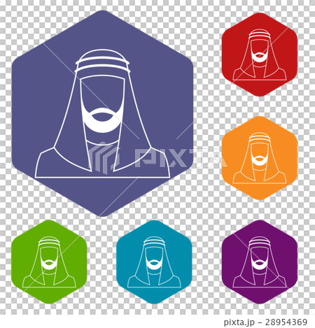 Arabic man in traditional muslim hat icons set Arabic man in traditional muslim hat icons set 28954369