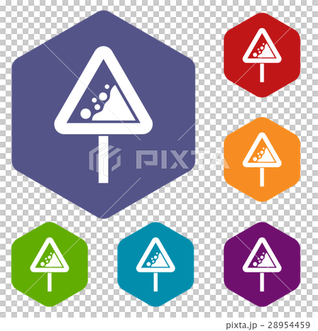 Falling rocks warning traffic sign icons set 28954459