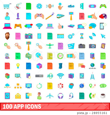 100 app icons set, cartoon style 28955161