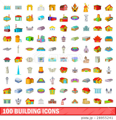 100 building icons set, cartoon style 28955241