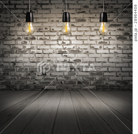 interior with white brick wall and wooden floor interior with white brick wall and wooden floor 28964409