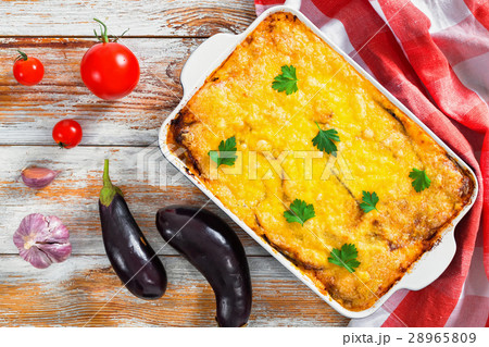 moussaka in gratin dish, view from above 28965809