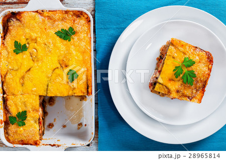 portion of moussaka decorated with parsley portion of moussaka decorated with parsley 28965814