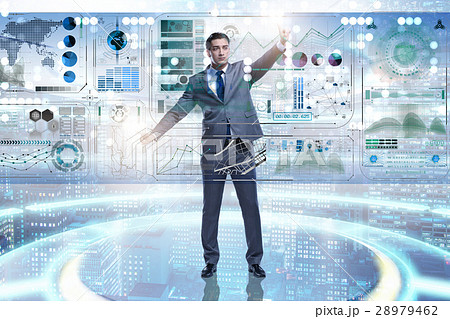 Man pressing virtual button in data mining concept Man pressing virtual button in data mining concept 28979462