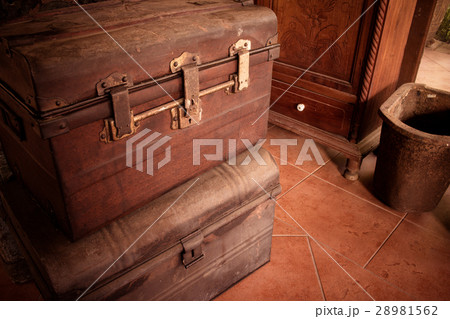 Old wooden antique travel chest used in the past. Old wooden antique travel chest used in the past. 28981562