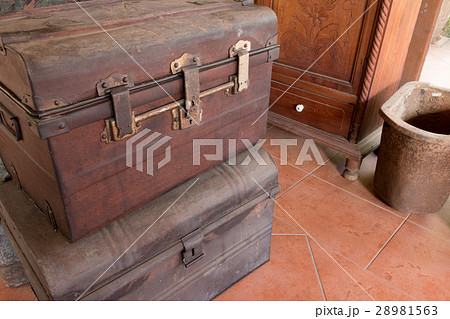 Old wooden antique travel chest used in the past. Old wooden antique travel chest used in the past. 28981563