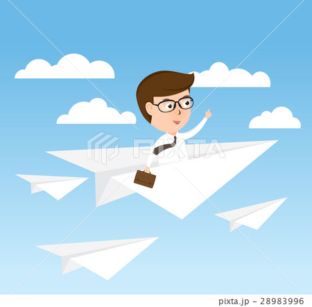 Businessman on paper airplane flying to success Businessman on paper airplane flying to success 28983996