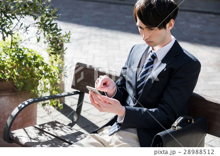 ベンチでスマホを見る男性 28988512