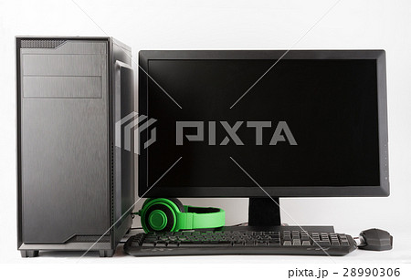 Computer case with led monitor on white background 28990306