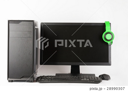 Computer case with led monitor on white background 28990307