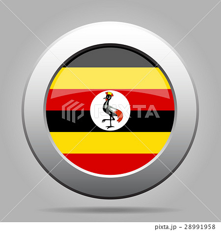 Flag of Uganda. Shiny metal gray round button.