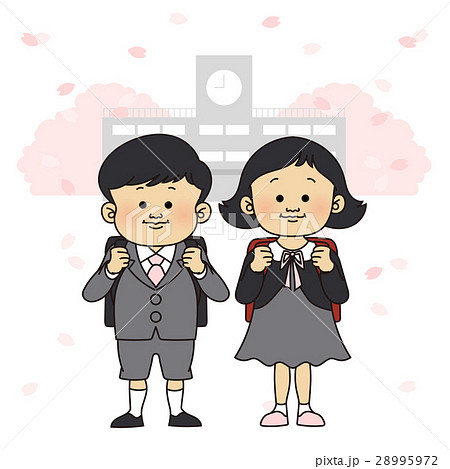 入学式イメージ　桜舞う、男の子と女の子（小学生） 28995972