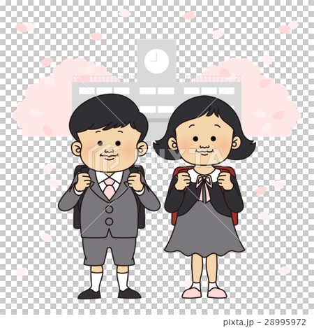入学式イメージ　桜舞う、男の子と女の子（小学生） 28995972