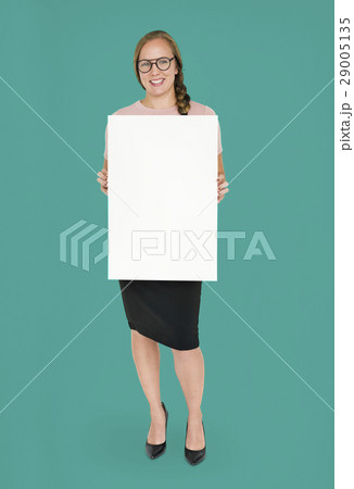 Woman Smiling Holding Banner Copy Space 29005135