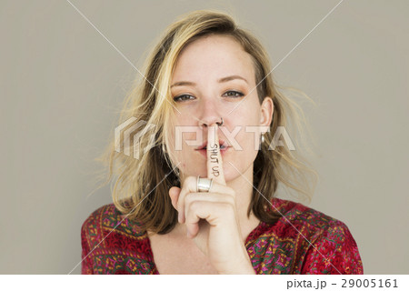 Caucasian Lady Hand Gesture Shut Up 29005161