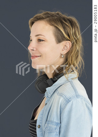 Caucasian Lady Listening Music Headphones 29005183