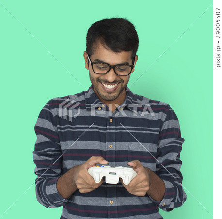 Indian Man Game Controller Console Cheerful Concept Indian Man Game Controller Console Cheerful Concept 29005507