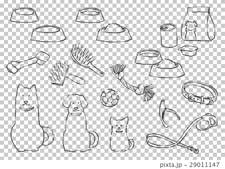 犬と犬用品 線画 のイラスト素材
