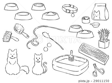 猫と猫用品 線画 のイラスト素材