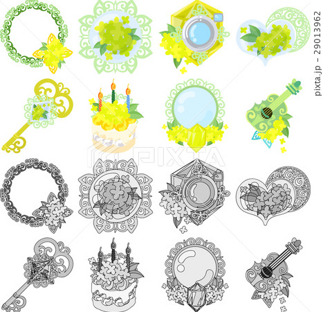 リースとクリスタルとカメラとハートと鍵とケーキと鏡とギターなどの 可愛い花の雑貨のアイコンいろいろのイラスト素材 29013962 Pixta
