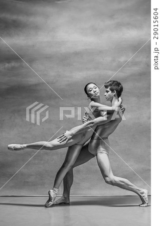 Couple of ballet dancers posing over gray Couple of ballet dancers posing over gray 29015604