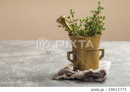 Fresh green thyme in old metal mortar Fresh green thyme in old metal mortar 29015775