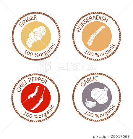 Set of flat spices stamp labels. 100 organic 29017068