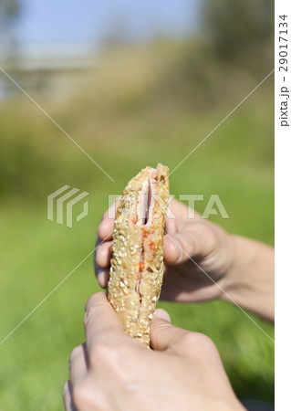 young man eating a sandwich outdoors 29017134