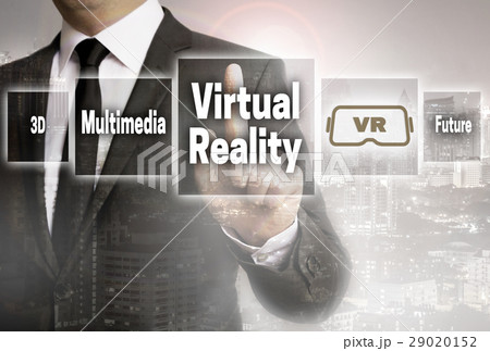 Virtual reality businessman with city background concept 29020152